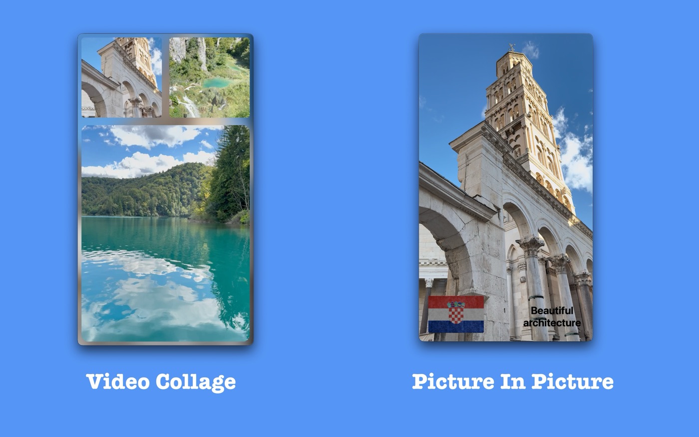A four-cell video collage beside a picture-in-picture layout with a flag and caption layered over the clip